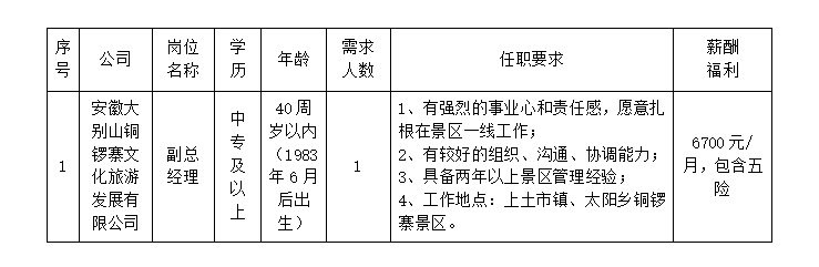 安徽大別山銅鑼寨文化旅游發(fā)展有限公司公開(kāi)招聘臨時(shí)工作人員公告（三）